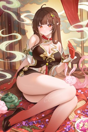 绿茶の袋子,灵砂,崩坏：星穹铁道,汉服,cleavage,No-Bra,尖耳,掀裙,tattoo