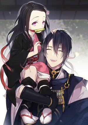 三日月宗近,灶门祢豆子,touken_ranbu,黑发,手套,和服,鬼灭之刃,開いた口,笑顔