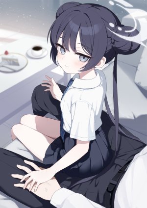 竜華キサキ,蔚蓝档案,九条だんぼ,脸红,光晕,视线正对,坐姿,短裙,笑顔