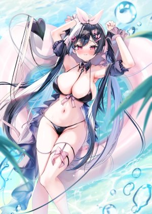 原创,あゆま紗由,露肩,水着,黑发,脸红,breasts,cleavage,长发,视线正对,露脐,红色眼,笑顔,single,泳装,超长发
