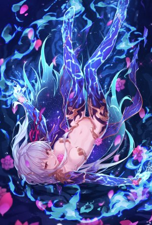 Fate系列,fate/grand_order,カーマ,m-ya,长发,single,長身像,脸红,视线正对,開いた口,胸部,前发,红色眼,笑顔,巨乳,cleavage,银发