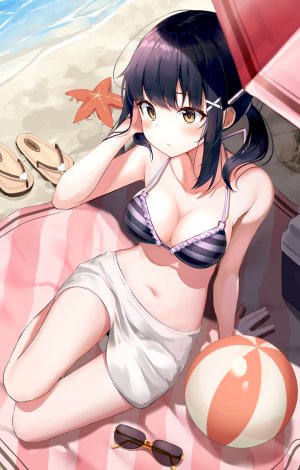 原创,apple_ringo,露肩,海滩,水着,黑发,胸部,cleavage,发饰,长发,横乳,迷你短裙,露脐,马尾辫,短裙,single,泳装,雨伞,黄色眼