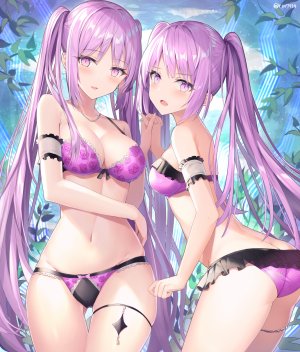 Euryale,Stheno,fate/grand_order,リン☆ユウ,水着,脸红,胸部,cleavage,Fate系列,长发,视线正对,露脐,開いた口,紫色眼,紫发,笑顔,泳装,双马尾