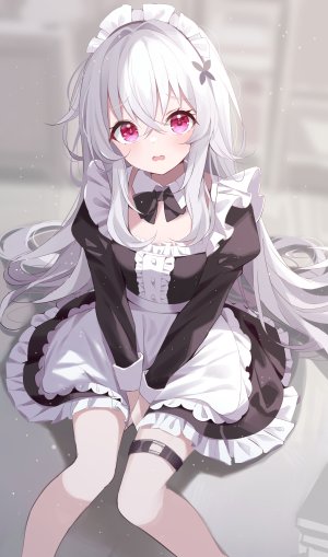 崩坏：星穹铁道,honkai,クラーラ,deyui,single,长发,長身像,视线正对,前发,脸红,開口,坐姿,白发,女仆,少女,制服,领结