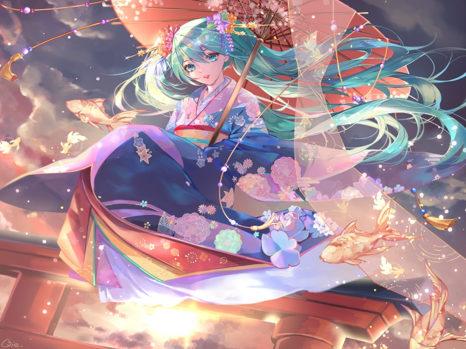 VOCALOID 初音ミク Qie 长发 Single 视线正对 前发 天空