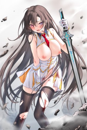 bai_winchester,closers,devil_heavens,露肩,黑丝,blood,脸红,breasts,茶发,手套,holding,长发,视线正对,nipples,開口,紫色眼,红色眼,衬衫,短裙,single,剑,丝袜,爆衣,超长发,weapon