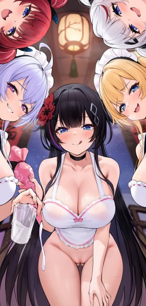 原创,k.t.cube,呆毛,围裙,露肩,黑发,金发,碧眼,脸红,breasts,cleavage,发饰,holding,horns,灯笼,视线正对,女仆,雌小鬼,開口,紫色眼,紫发,猫咪,笑顔,白发