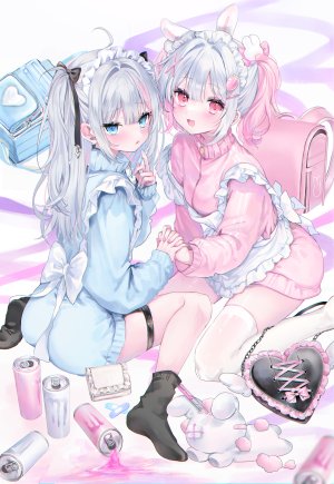 原创,椛島花,呆毛,兽耳,围裙,创可贴,碧眼,发饰,长发,视线正对,女仆,開口,粉发,坐姿,毛绒玩具,丝袜,双马尾,白发,白丝