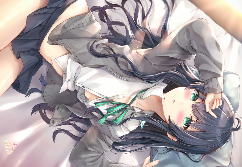 Maruma 原创 黑发 脸红 绿色眼 长发 露脐 缎带