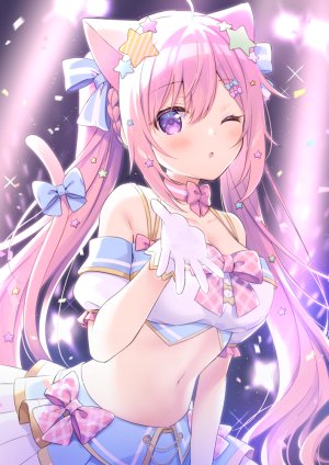 Vtuber,noripro,愛宮みるく,住咲ゆづな,长发,single,長身像,脸红,视线正对,紫色眼,粉发,兽耳,闭只眼,猫耳,猫尾,闪亮