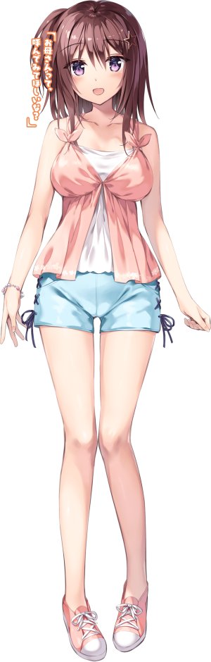 sakurai_iyo,bosei_kanojo_2_-chisei_houkai-hen-,露肩,脸红,手镯,breasts,茶发,全身,发饰,视线正对,開口,紫色眼,衬衫,笑顔,single