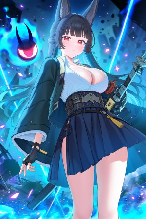 绿茶の袋子,绝区零,星見雅,兽耳,黑发,脸红,前发,短裙,裸足,武器,breasts,cleavage