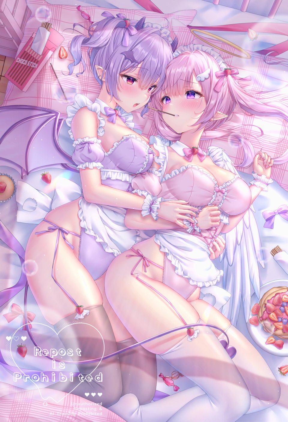 ゆゆこ 天使 恶魔 女仆 No-Bra 尖耳 长筒袜 丝袜