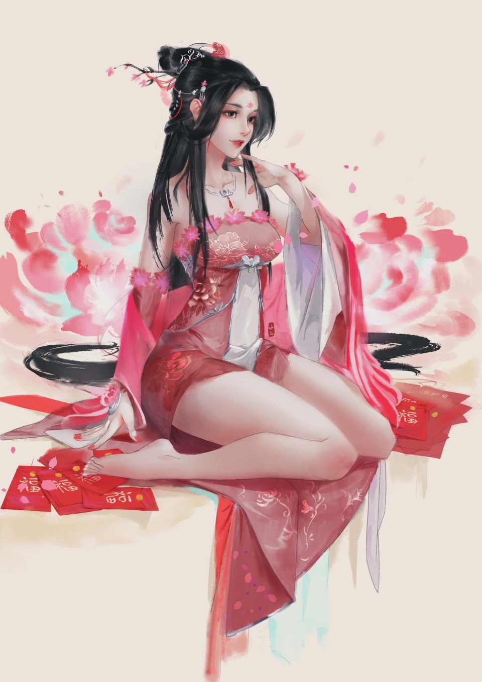 Moonlight_Blade Xiao_Qigai_Luoke 裸足 脸红 汉服 连衣裙 长发 短裙