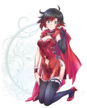 RubyRose,RWBY,iesupa,前发,黑丝,脸红,胸部,汉服,cleavage,连衣裙,長手袋,手套,视线正对,露脐,短发,貧乳,笑顔,single,传统服装,白背景