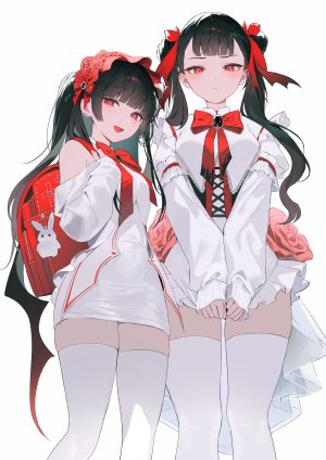 原创,tokkihouse,长发,長身像,视线正对,前发,脸红,開口,黑发,笑顔,红色眼,白背景,双马尾,直刘海,长袖,絶対領域,萝裙,少女,丝袜,白丝,领结