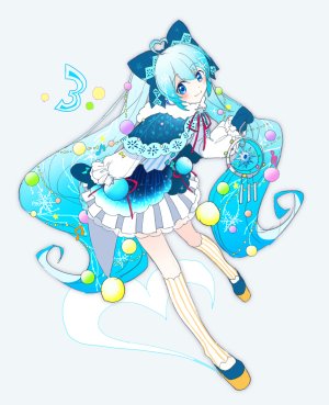 初音ミク,雪ミク,VOCALOID,agonasubi,呆毛,碧眼,青发,全身,发饰,holding,乐器,kneehighs,长发,视线正对,短裙,笑顔,single,双马尾