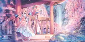 sakakidani,GUMI,初音ミク,桜ミク,VOCALOID,脸红,樱花,绿发,和服,长发,粉发,红色眼,短发,双马尾,雨伞