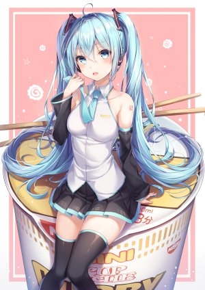 VOCALOID,初音ミク,dangmyo,长发,single,長身像,脸红,视线正对,前发,双马尾,露肩,坐姿,holding,呆毛