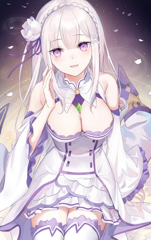 Emilia,从零开始的异世界生活,yumaomi,露肩,三股辫,胸部,cleavage,连衣裙,发饰,巨乳,长发,长袖,视线正对,迷你短裙,開いた口,花瓣,紫色眼,银发,短裙,笑顔,single,黑丝,白丝,絶対領域