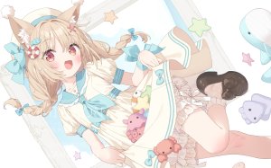 hanamaru_lily,原创,peko,兽耳,灯笼裤,脸红,三股辫,茶发,连衣裙,长发,视线正对,红色眼,笑顔,single,双马尾,白背景