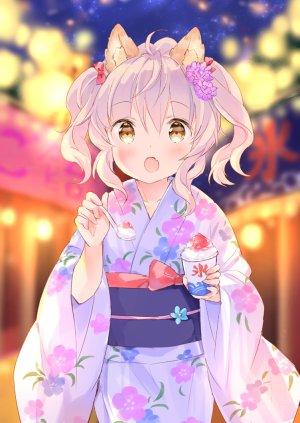 原创,wataame27,呆毛,兽耳,前发,脸红,棕色眼,发饰,holding,和服,视线正对,オビ,開いた口,粉发,双马尾