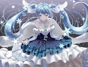 mueririko,初音ミク,雪ミク,VOCALOID,青发,连衣裙,长发,雪花,头饰,双马尾,gradient