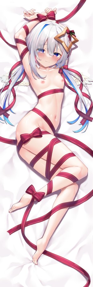 shimo,Hololive,天音かなた,缎带,结发,双马尾,碧眼,青发,breasts,灰发,光晕,长发,露脐,nipples,翅膀,横臥,捆绑play,视线正对,Vtuber,single,抱枕,長身像