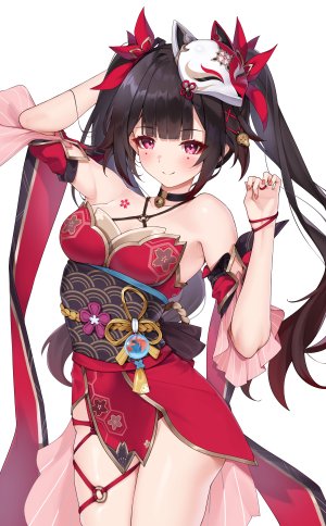 崩坏：星穹铁道,honkai,花火,matrix16,single,长发,長身像,视线正对,前发,脸红,黑发,笑顔,白背景,直刘海,少女,铃,オビ,仮面