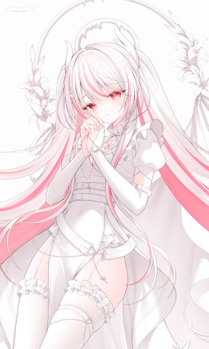 tsuino_tomori,独立虚拟YouTuber,Snow_is_,breasts,锁链,cleavage,cross,连衣裙,发饰,光晕,长发,视线正对,项链,粉发,single,丝袜,双马尾,超长发,Vtuber,白背景,白发,白丝