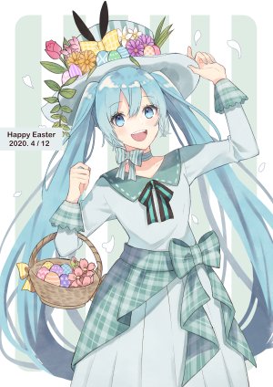 初音ミク,VOCALOID,兽耳,兔耳,连衣裙,holding,长发,视线正对,開いた口,花瓣,缎带,笑顔,single,双马尾