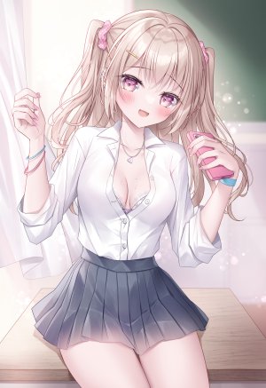 原创,小日向ほしみ,脸红,bra,breasts,茶发,衬衫,发饰,holding,长发,长袖,视线正对,项链,褶皱裙,紫色眼,学校制服,坐姿,短裙,笑顔,single,下着