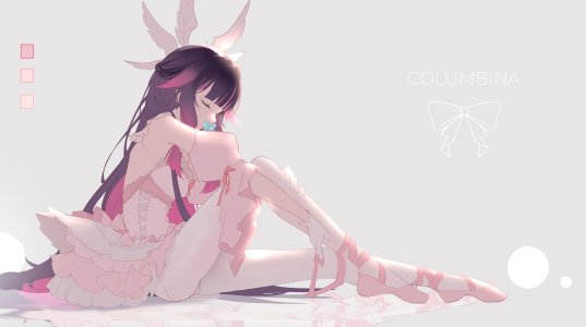 哥伦比娅,原神,孤葬南风,黑发,breasts,长发,胖次,裤袜,紫发,坐姿,single,下着,超长发,翅膀