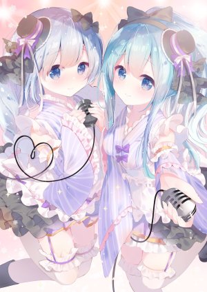 原创,飴乃うさリ,围裙,前发,露肩,碧眼,青发,脸红,胸部,holding,和服,长发,长袖,短裙,貧乳,笑顔,黑丝,白丝