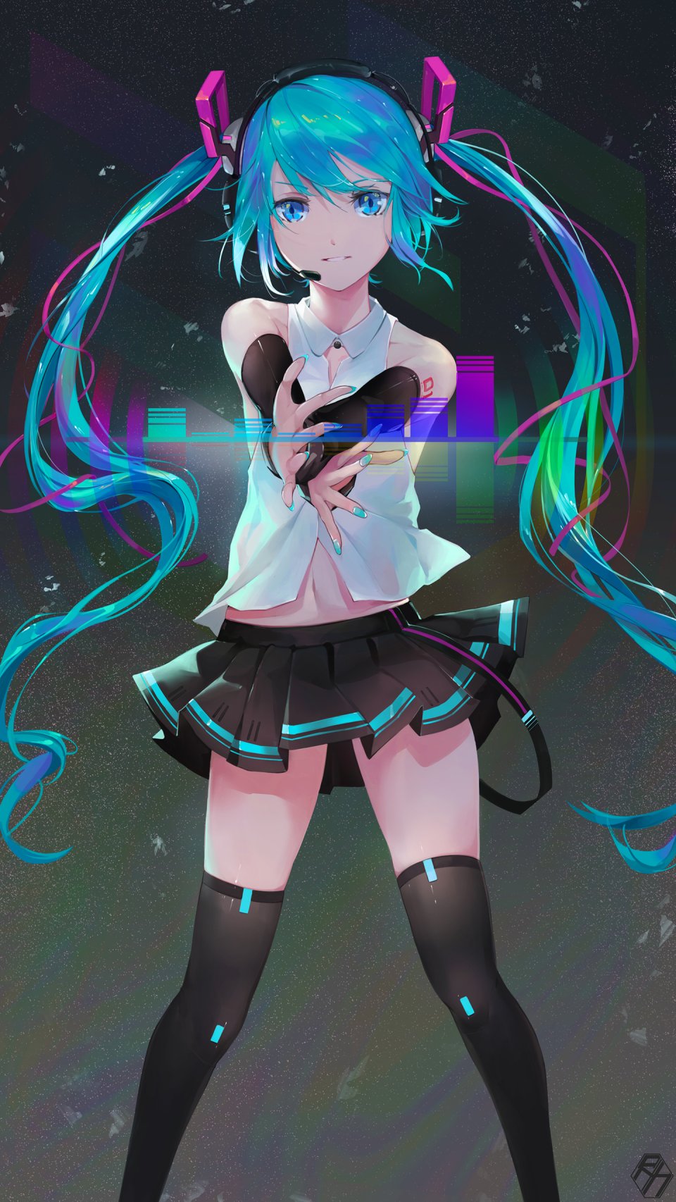 初音ミク VOCALOID R/h 前发 黑丝 碧眼 青发 衬衫