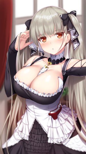 formidable,碧蓝航线,kageira,前发,脸红,胸部,cleavage,フォーミダブル,巨乳,长发,长袖,视线正对,红色眼,缎带,single,双马尾