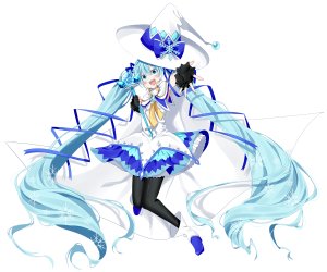 初音ミク,雪ミク,VOCALOID,mizuamemochimochi,连衣裙,全身,手套,holding,长发,视线正对,開いた口,黑丝,缎带,笑顔,single,双马尾,白背景,雪ミク2014