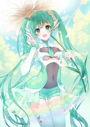 初音ミク,赛车初音,VOCALOID,atwomaru,脸红,胸部,绿色眼,绿发,发饰,holding,长发,视线正对,開いた口,笑顔,single,黑丝,双马尾,白丝