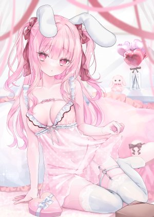 kabashima_hana,usada_mochiko,独立虚拟YouTuber,兽耳,兔耳,garter,lingerie,胖次,看穿,掀裙,长筒袜,丝袜,情人节