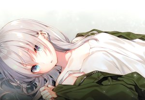 原创,遠坂あさぎ,长发,视线正对,highres,開いた口,simple_background,银发,横臥