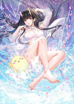 碧蓝航线,Manjuu,能代,ATDAN,single,长发,長身像,视线正对,前发,脸红,breasts,開口,黑发,紫色眼,全身,直刘海,少女,泳装,动物,水着,花瓣