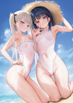原创,mignon,露肩,黑发,脸红,breasts,跪姿,长发,视线正对,紫色眼,红色眼,短发,天空,笑顔,泳装,双马尾,湿身,白发