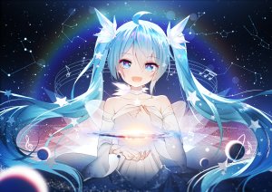 初音ミク,VOCALOID,千夜QYS3,呆毛,露肩,碧眼,青发,脸红,项圈,连衣裙,长发,长袖,视线正对,開いた口,笑顔,single,双马尾