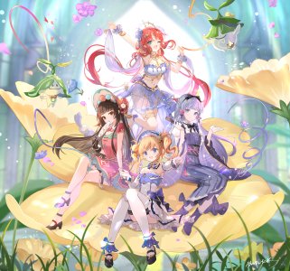 芭芭拉,神里綾華,妮露,云菫,原神,issign,黑发,金发,碧眼,青发,直刘海,手镯,breasts,cleavage,手套,holding,长发,长袖,视线正对,露脐,挤眼,開口,花瓣,马尾辫,红色眼,坐姿