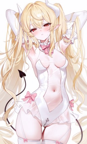 dungeon_and_fighter,apostle,ashtarte,fymrie,single,長身像,视线正对,前发,脸红,breasts,金发,红色眼,白背景,双马尾,超长发,尖耳,少女,丝袜,手套,露脐,白丝,長手袋,长发,原创