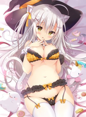 原创,picpicgram,呆毛,兽耳,露肩,脸红,bra,胸部,cameltoe,猫耳,猫尾,吊带袜,发饰,巨乳,长发,露脐,胖次,缎带,single,黑丝,下着,白发,白丝,黄色眼