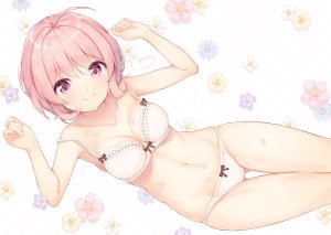 にじはしそら,原创,bra,胸部,cleavage,露脐,胖次,花瓣,粉发,短发,下着