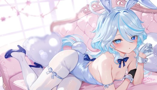 原神,芙宁娜,rrr_gns,single,长发,视线正对,前发,脸红,碧眼,兽耳,呆毛,白发,横臥,兔耳,异色瞳,兔女郎,少女,手套,裤袜