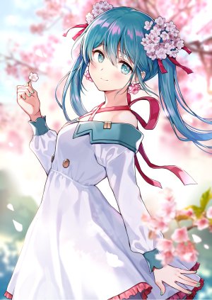 初音ミク,VOCALOID,nishizawa,前发,露肩,脸红,胸部,樱花,连衣裙,发饰,holding,长发,长袖,视线正对,横乳,缎带,笑顔,single,双马尾