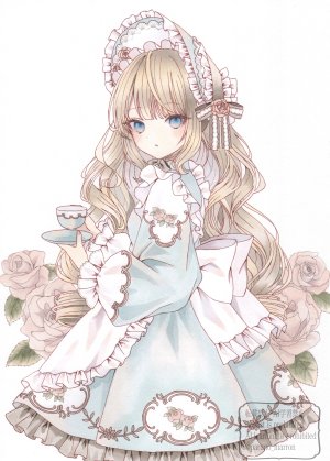 paruno,围裙,金发,碧眼,脸红,连衣裙,holding,萝裙,长发,长袖,视线正对,rose,single,超长发,白背景